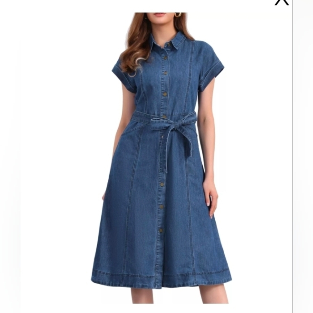 Allegra K Denim Dress for Women's Casual Button Down Short Midi Dress NO BELT